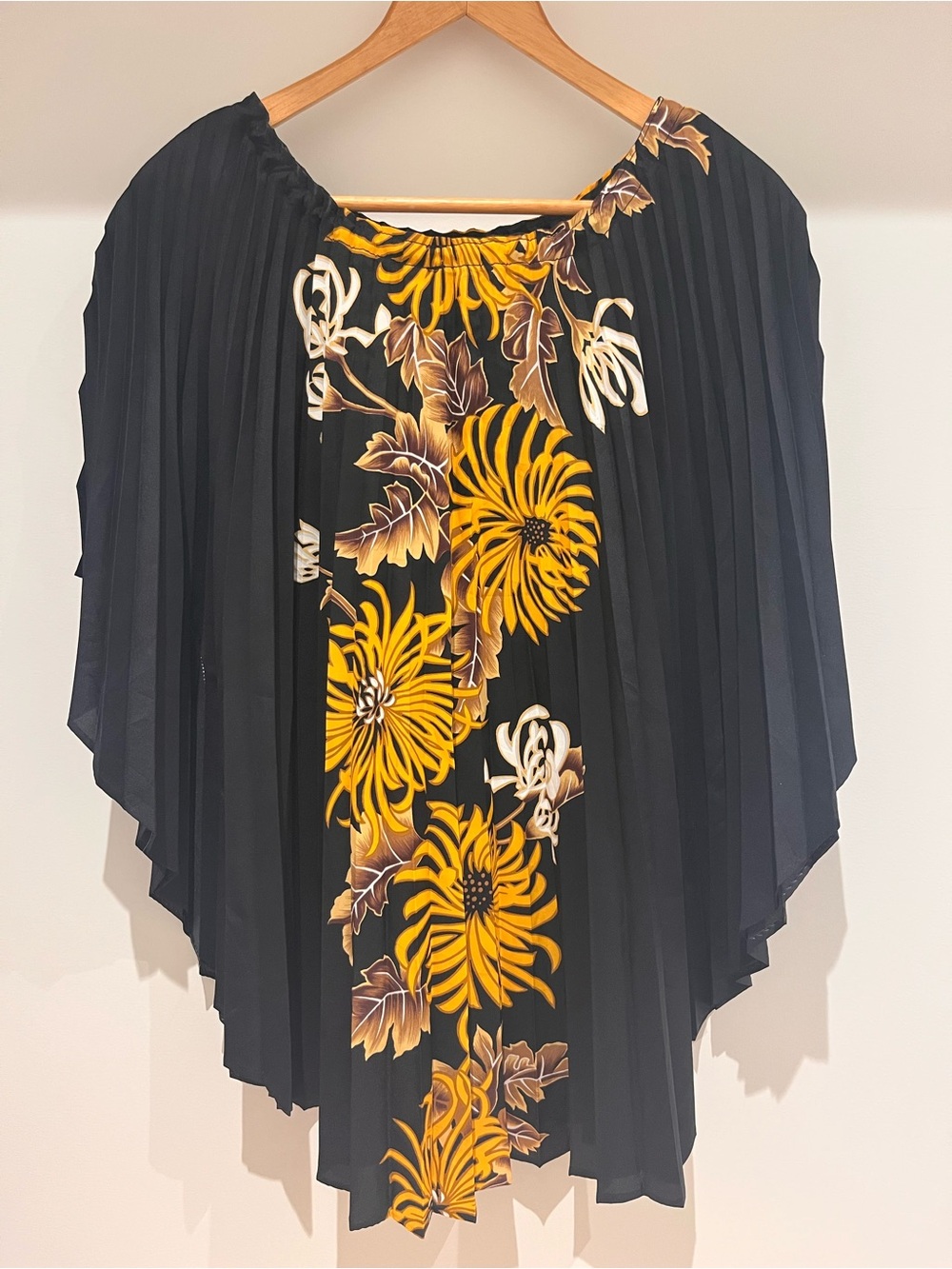 Black Pleated Women's Blouse with Yellow Floral Panel